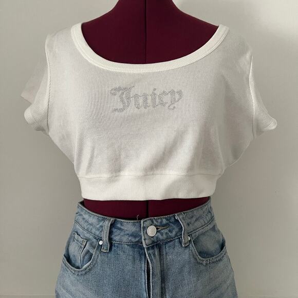 Juicy Couture Tops - Juicy Couture Cropped Top in White Bedazzled Rhinestone Short Sleeve Tee Size L